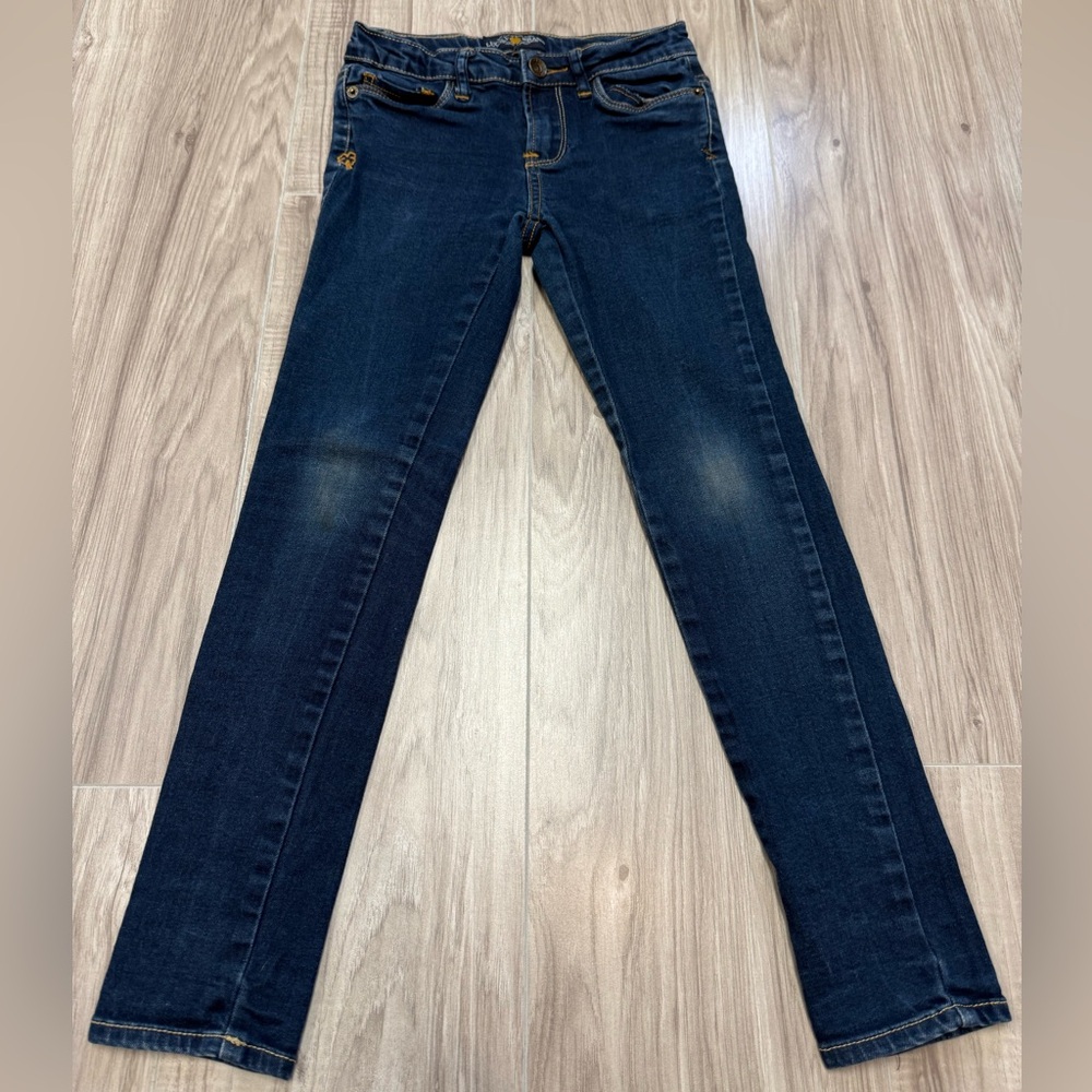 Lucky Brand Zoe Jeggings Dark Blue Skinny Jeans Girls Size 8 Peace Sign Pockets